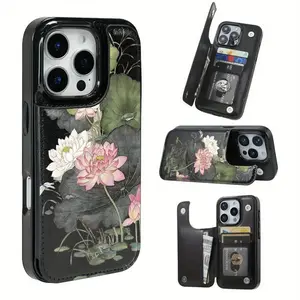 Mobile phone case: Lotus theme function protective case, built-in card clip design, can store bank cards, transportation cards and other cards, suitable for iPhone 16 Pro Max, iPhone 17/Air/16/15/14/13/12 Pro/11/XS Plus Max