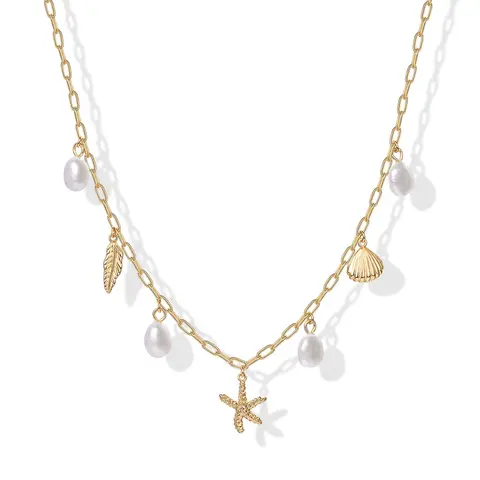 PAVOI 14K Gold Plated Coastal Charm Necklace for Women – Waterproof Stainless Steel Chunky Beach Necklace with Pearl, Seashell & Starfish – Trendy Gold Statement Summer Jewelry