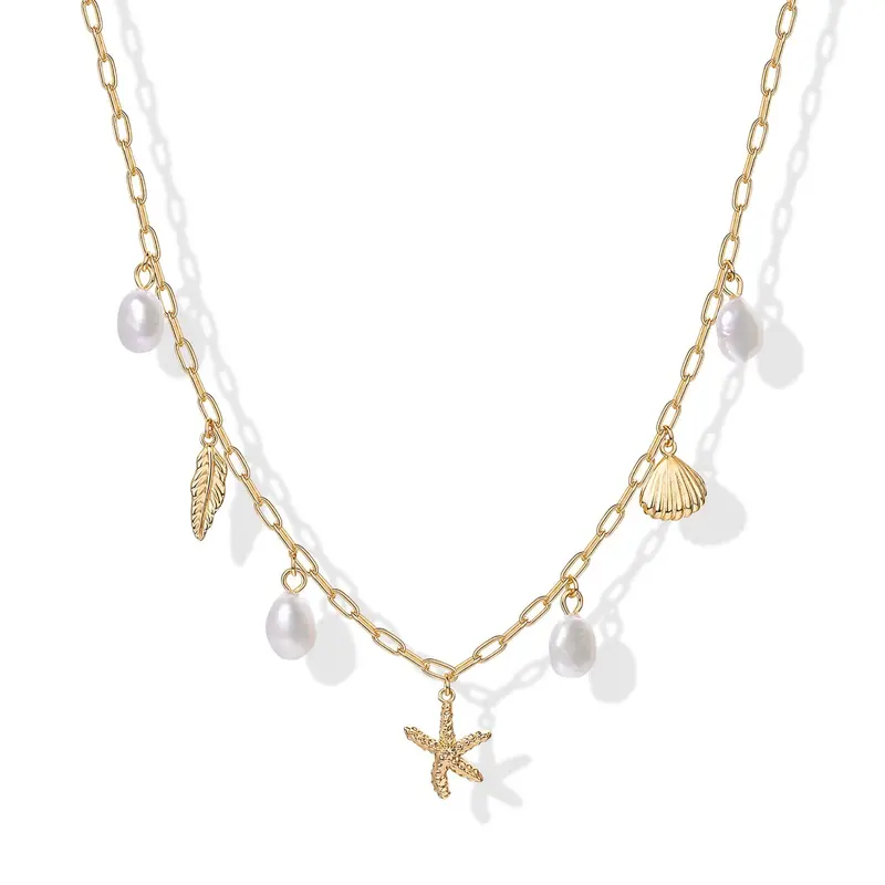 PAVOI 14K Gold Plated Coastal Charm Necklace for Women – Waterproof Stainless Steel Chunky Beach Necklace with Pearl, Seashell & Starfish – Trendy Gold Statement Summer Jewelry
