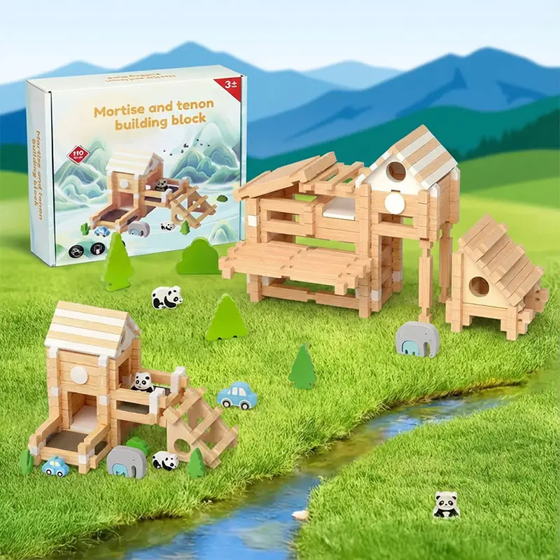 110PCS Wooden Building Blocks Set – Montessori STEM Toys for Kids Ages 3–8, Natural Eco-Friendly Wood, Glue-Free Construction Toy with Storage Bag, Educational Creative Learning Gift for Toddlers