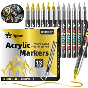 12 Pcs Paint Pens Acrylic Markers - Black, White, Gold, Silver,Soft Brush Tip Water Based Marker Pens for Rock Painting, Wood, Ceramic, Glass, Acrylic Paint Markers for Egg Pumpkin Art Markers Set