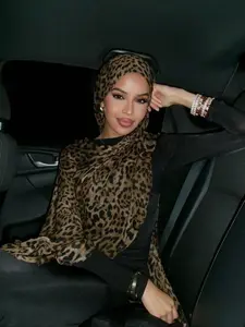 Women's Fashion Bohemian Leopard, Navy Blue and Marble Print Veil Hijab, Casual Streetwear Hijab for Daily Wear, Autumn Headscarf for Muslim Women