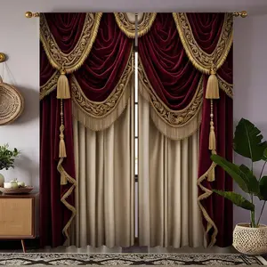 2 pieces of European court-style printed faux two-piece decorative curtains, Sheer printed curtains, semi-transparent, fade-resistant, machine washable and hand washable, suitable for home decoration