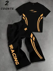 Y2K Streetwear Racing Sportswear Set, Unisex Loose Fit Tee & Straight Leg Pants, Stripe Print Two-Piece Summer Casual, Streetwear Tracksuit Set