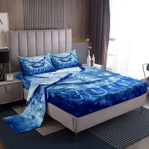 Ice Hockey Bed Sheets Set,Sports Games Sheet Set for Kids Teens Adults Hockey Player Snow Winter Blue White Sheets Warm Deep Pocket Sheet