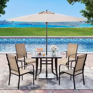 5 Piece Patio Dining Set, Outdoor Dining Table and Chairs Set For 4, 4 Textilene Chairs, 1 Iron Square Table With Adjustable Umbrella Hole (1.57"-1.97"), Patio Furniture Set For Deck, Backyard, Lawn, Poolside, Brown/Gray/Blue