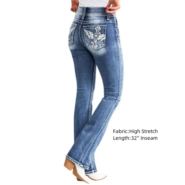 Washed Embroidery Button Up Mid Rise Flare Jeans Fit Denim