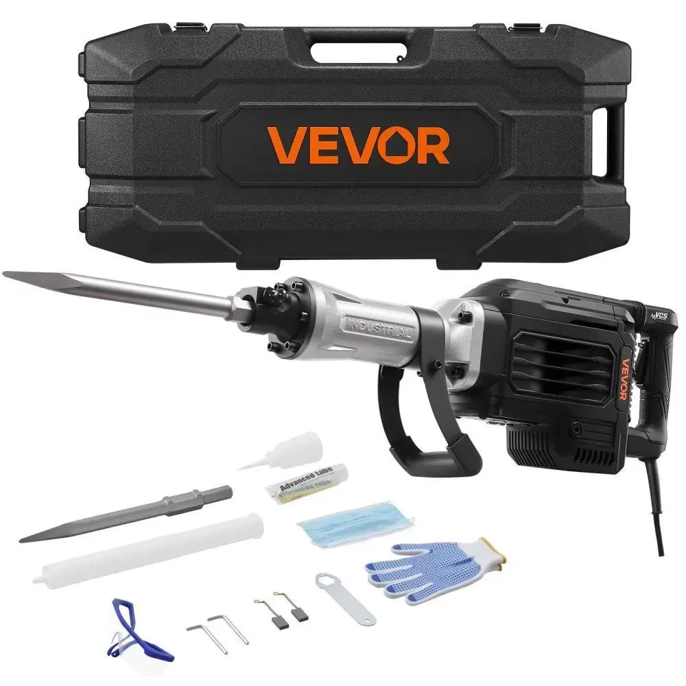 VEVOR 3000W Corded Electric Demolition Jack Hammer - Lightweight, Durable, Efficient, Sturdy, 1700 BPM Concrete Breaker with Cooling System, Point Chisel, Carrying Case, Gloves, Goggles for DIY, Interior Renovation