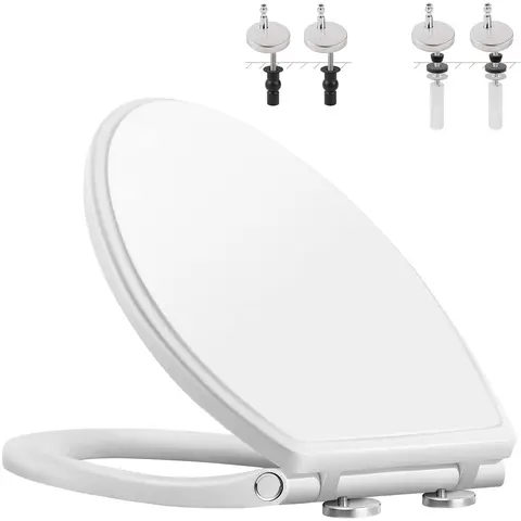 Hibbent Premium Polypropylene Oval Slow Close Toilet Seat and Cover, 1-Click Quick Release, Quiet Close, Easy Installation Never Loosen Hinge, Easy Cleaning, Prevent Shifting, Chemical & Stain-Resistant White, Fits Most Toilets, Fingers-Safe Guards, Chemi