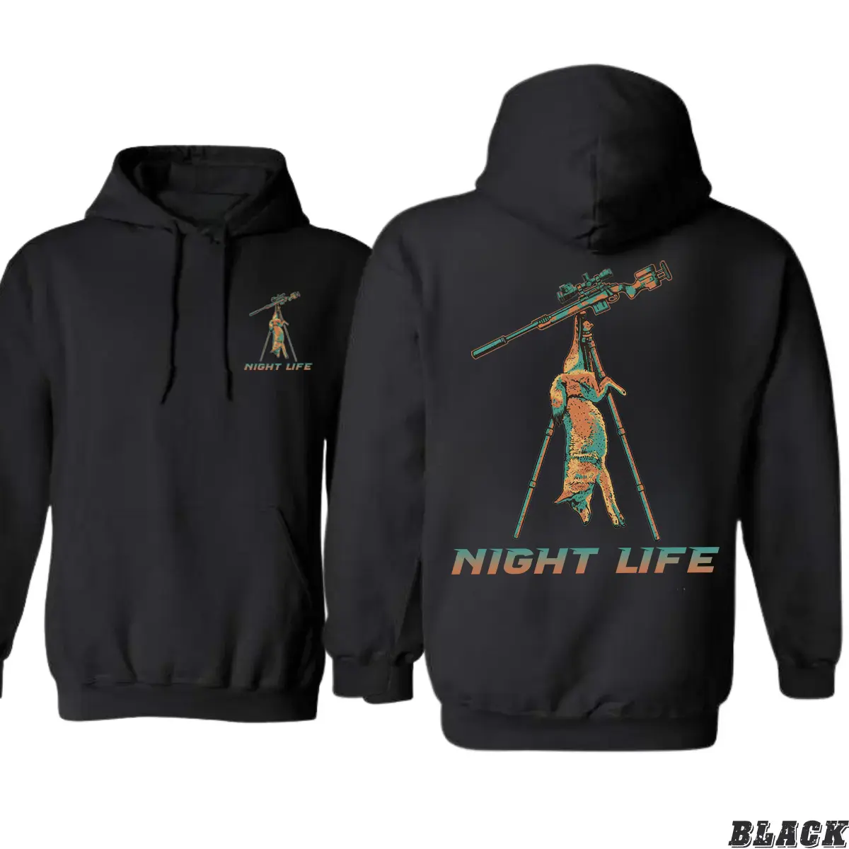 Night Life Coyote Hunting Hoodie Predator Hunter Graphic Pullover Sweatshirt Outdoor Hunting Apparel Gift for Hunters