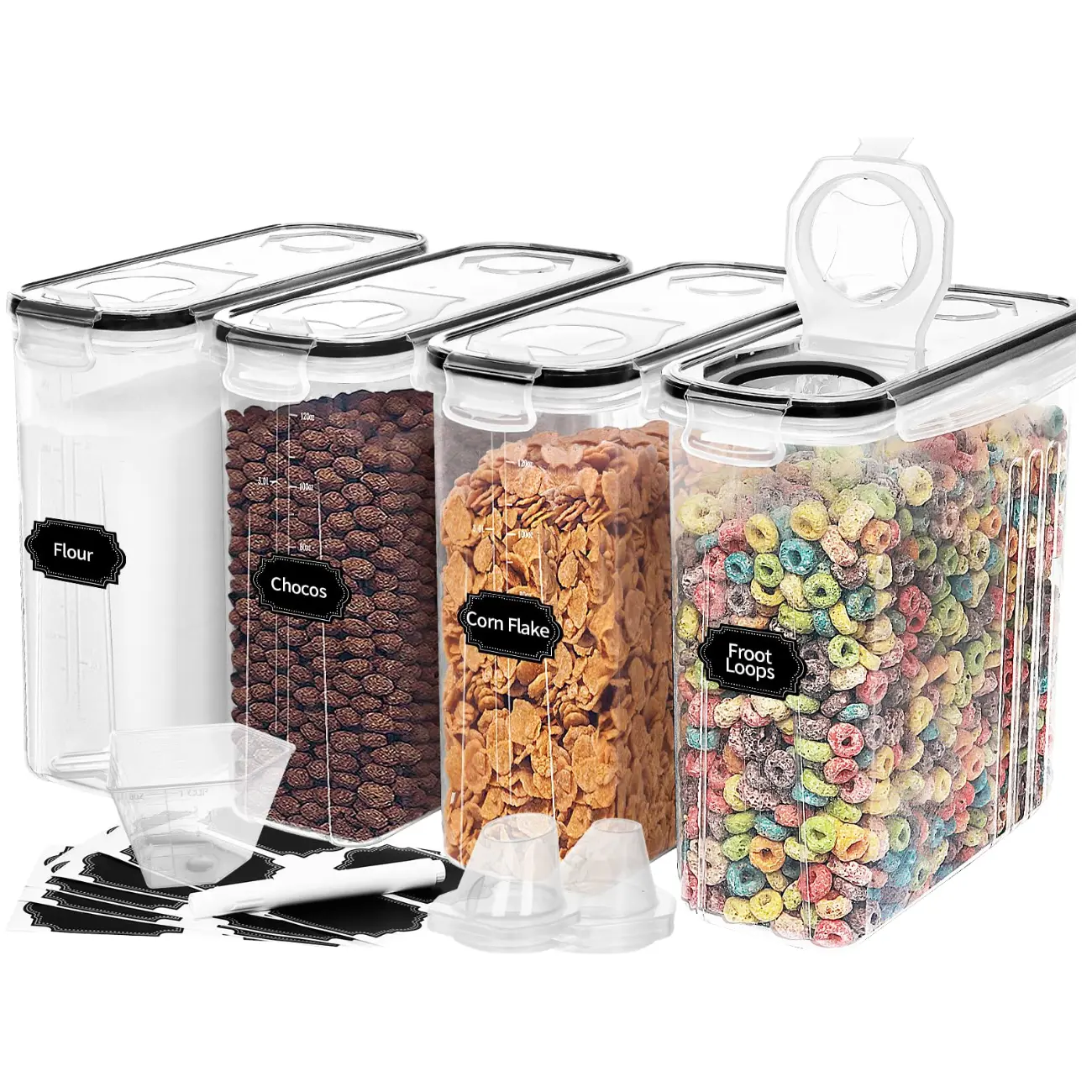 4PCS Airtight Seal Rectangular Cereal Storage Containers (4L/135oz) - Leak-Proof Lids, Stackable Plastic, Multicolor Set for Kitchen & Pantry Organization, Rectangular Form
