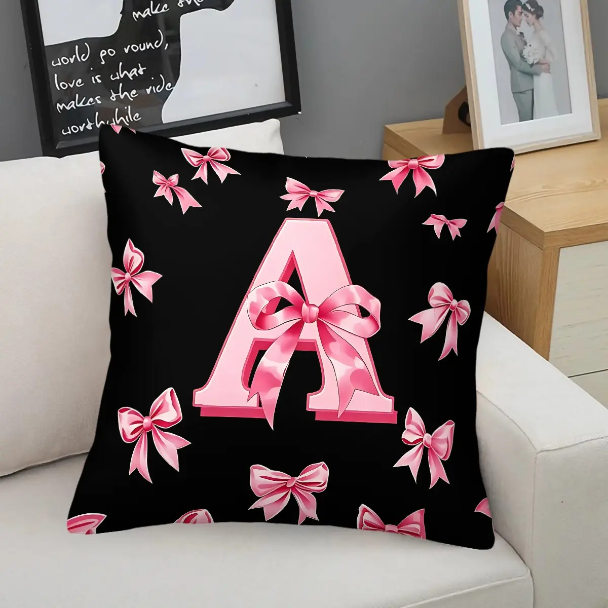 Pink Bow Initial A-Z Throw Pillow, Preppy Coquette Girly Cushion Accent Pillow, Includes Pillow Core, Cute Black Pink Home Decor Pillows for Sofa Couch Bedroom Dorm Living Room, Perfect Gift for Girls Teens Women