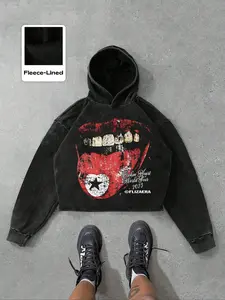 New American Style Casual Graphic Lips Print Hoodie, Sweatshirt, Unisex Streetwear, Fitted Short Design, Spring & Fall Fashion, Moderate Fabric Thickness