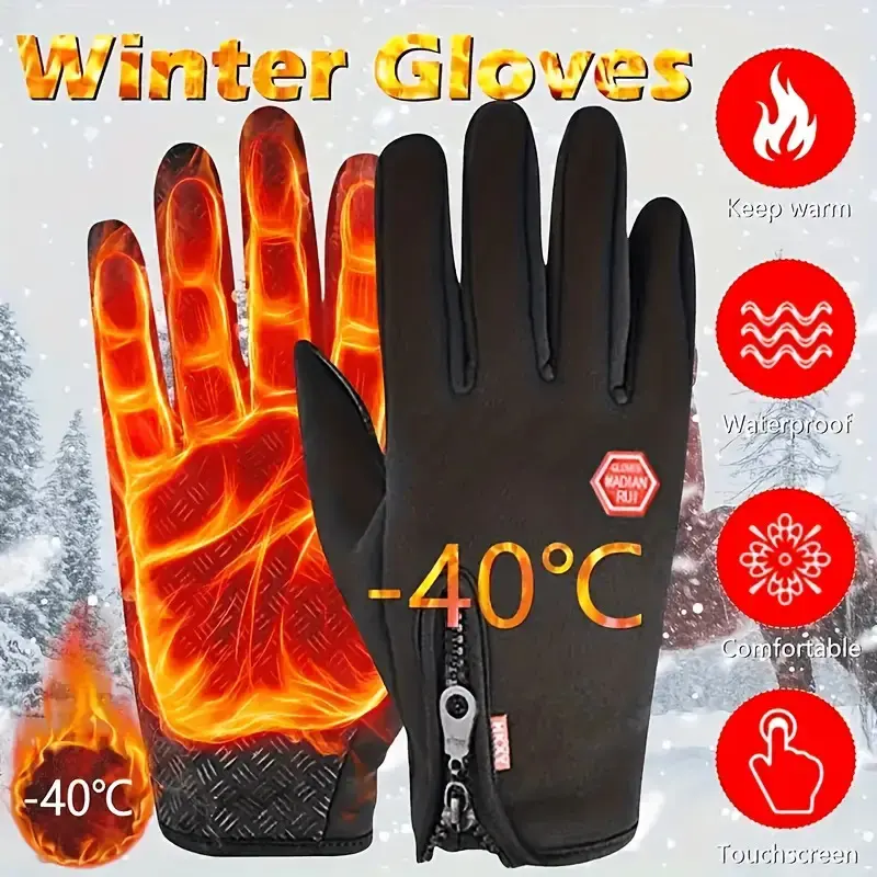 Unisex Thermal Touchscreen Gloves - Windproof Thickened 0.2inch Lining, Non-Slip Grip Zipper Closure, Ski Snowboard Cycling Commuting Gloves, Halloween Christmas Gift, Outdoor Sports Gloves, Fashionable Glove Design, Durable Gloves