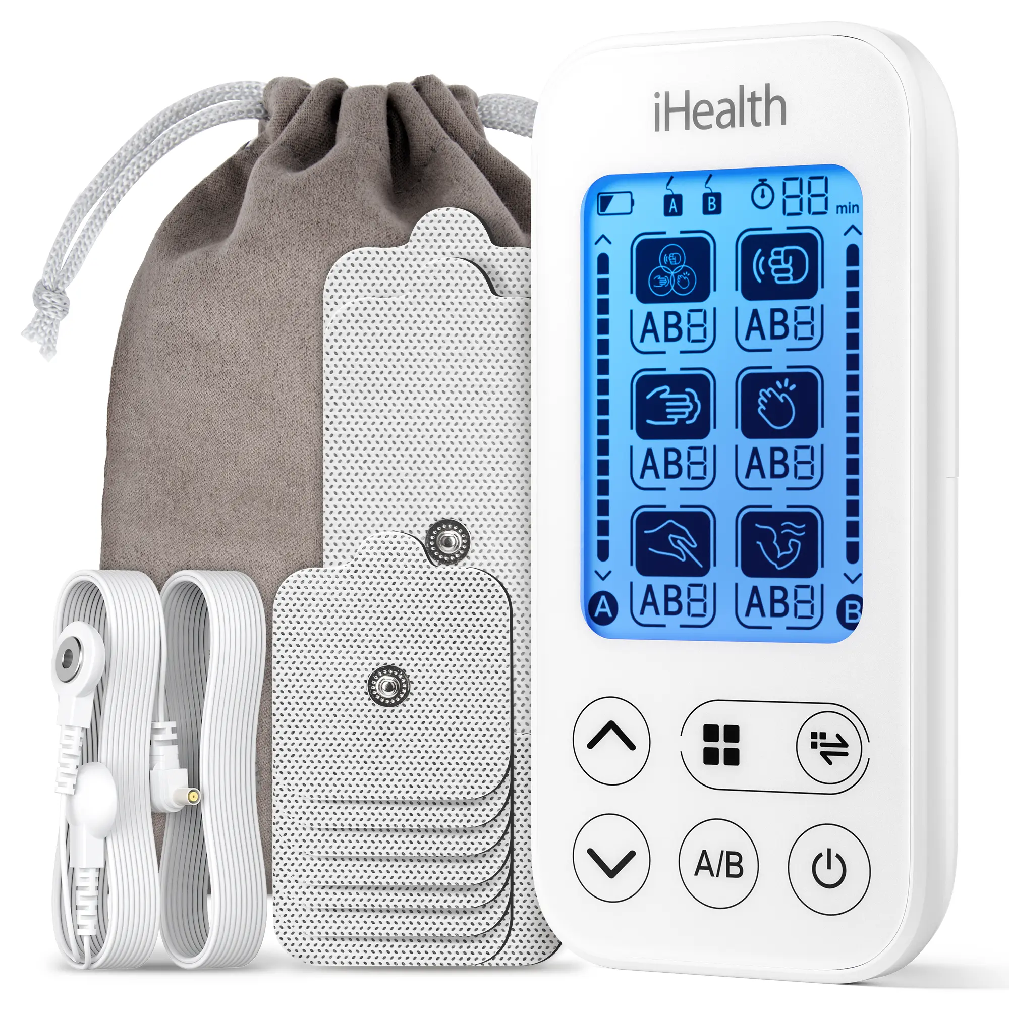 iHealth Dual-Channel TENS Unit Muscle Stimulator - Adjustable Acupressure Massage Device, Neck Shoulder Relaxer, Selfcare Tool, HSA/FSA Eligible, Back Pain Relief, 24 Modes, 15 Intensities, 90-Hour Battery, Multi-Size Electrodes, Storage Case