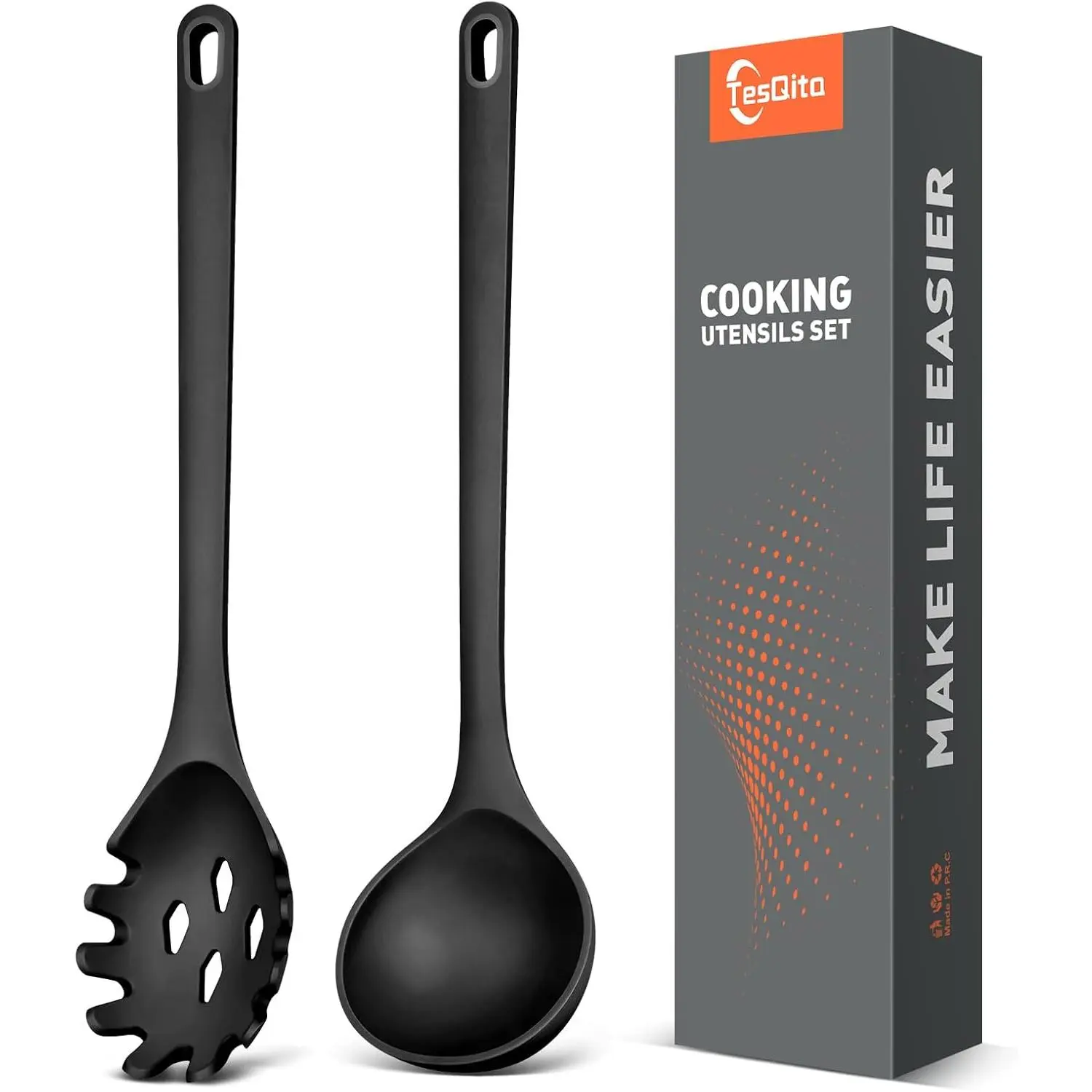 Silicone Spaghetti Spoon&Soup Ladle Cooking Utensils Set of 2,No Scratch for Nonstick Cookware,BPA Free, 450℉ Heat Resistant (BLACK)