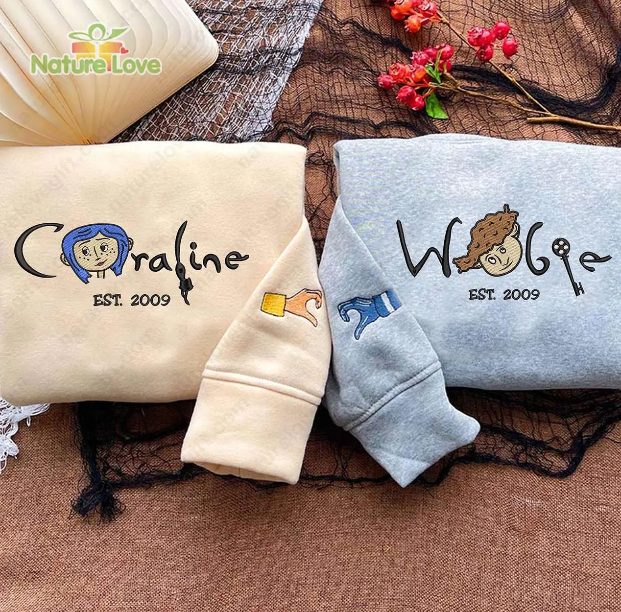 W.ybi.e And C0raline​ Embroidered Sweatshirts, Halloween Sweatshirt, Scary Horror Shirt