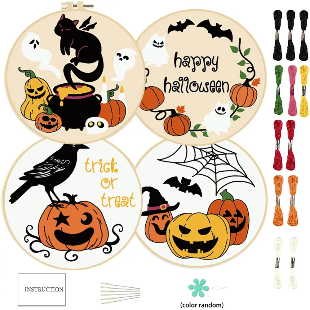4counts Halloween themed embroidery DIY handmade item making set, Embroidery design set, featuring fabric decorations with white ghost, pumpkin patterns, including 1 embroidery hoop, suitable for beginners and handmade sewing enthusiasts, party deco