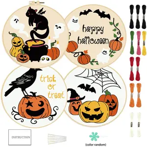 4counts cute style Halloween themed embroidery DIY handmade item making set, featuring fabric decorations with white ghost, crow, and pumpkin patterns, including 1 embroidery hoop, suitable for  beginners and handmade sewing enthusiasts. Unique party deco