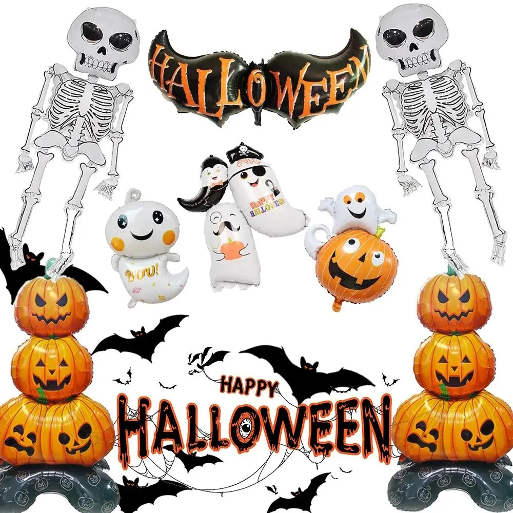HOMEYA 2/4/8Pcs Giant Scary Pumpkin Castle & Spooky Ghost Foil Mylar Balloons Set - Helium Tank Compatible, Self-Seal Valve, 2*Pumpkin+2*Skeleton+4*Ghost, 2pcs Pumpkin, Wall Decor for Halloween, Day of the Dead