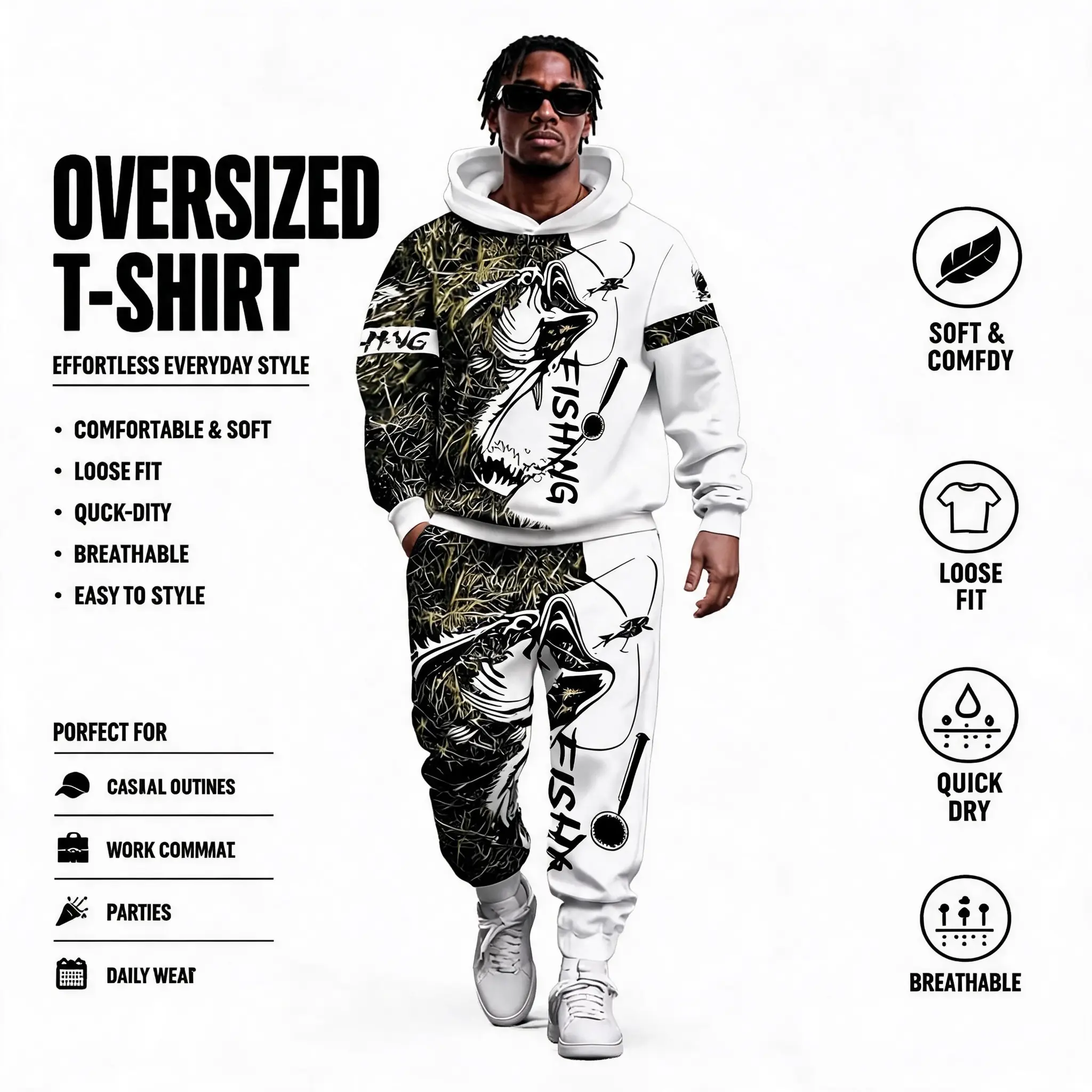 Men Bass Fishing Camo Tracksuit 2Pcs Oversized Hoodie Sweatpants Set Outdoor Fishing Hooded Outfit