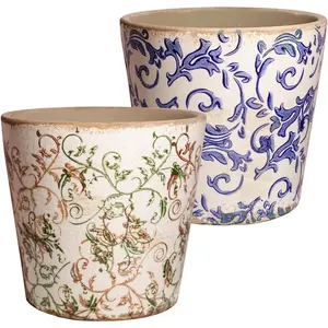 Set of 2 Ceramic Pots for Plants, Vintage Plant Pot with Drainage Hole, Planter for Indoor Plants, Crackle Glaze Finish Flower Pot, Perfect Tuscan Ceramic Planter for Gardening, Blue & Earthy