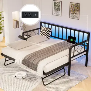 AMERLIFE Twin Daybed with Charging Station and LED Lights, Versatile Bed Frame with Steel Slats Support, Daybed with Trundle for Living Room, Bedroom, Guest Room, Black/Best Gift Ideas/Christmas Gifts