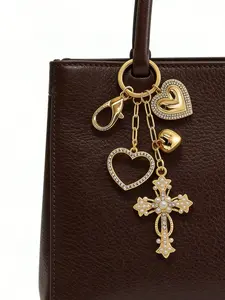 Fashion Cross Heart Rhinestone Keychain - Gold Rhinestone Heart and Pearl Cross Pendant, Suitable for Women, Holiday Gift, Bag Charm, Car Hanging Ornament, Durable Protective Pendant
