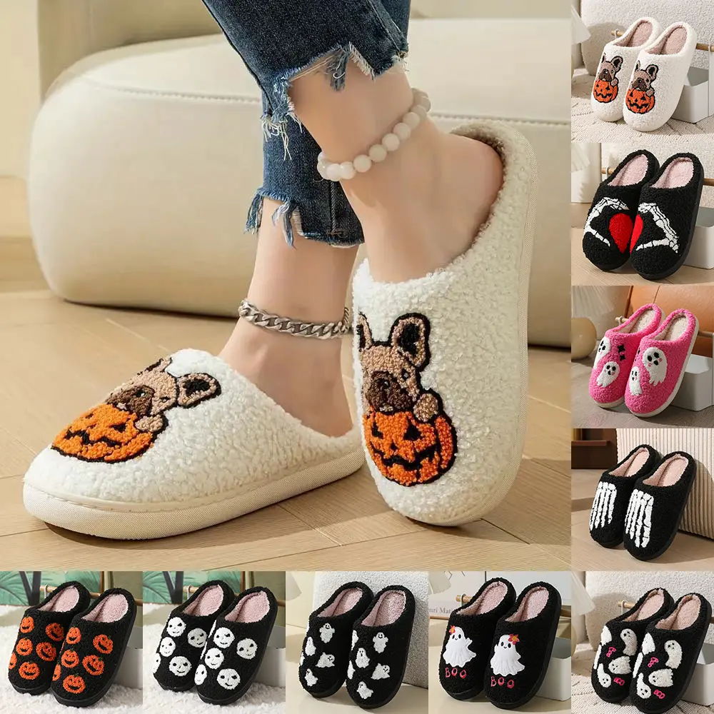 Unisex Spooky Halloween Slippers, Fuzzy Memory Foam Footwear with Non-Slip Soles, Warm Cozy Indoor Tsinelas