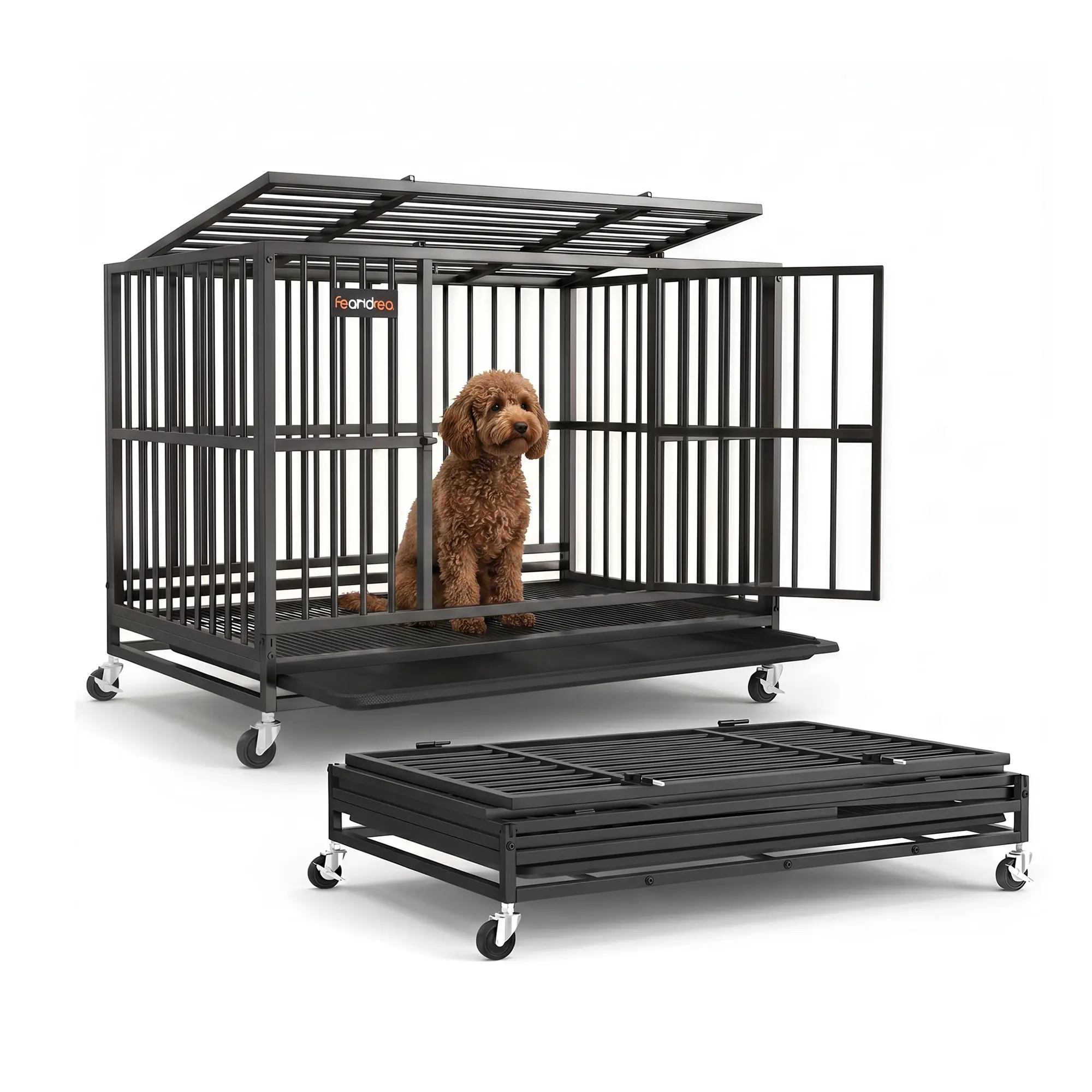Feandrea Heavy-Duty Escape Proof Kennel, 5-Minute Quick Assembly Foldable Dog Crate with Lockable Wheels, Double Doors, Fixed Bottom, Removable Tray, Easy to Clean
