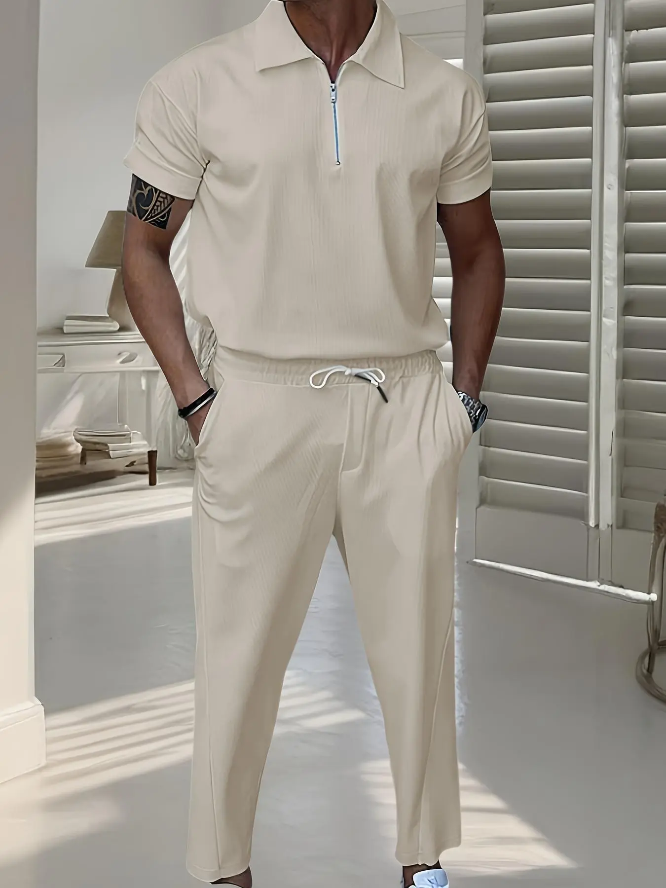 Men's Polo Tracksuit Set - Short Sleeve Half-Zip Top & Drawstring Waist Pants, Crafted for Comfort, Ideal for Casual Lounging, Outdoor Walks, Light Workouts, Versatile Two-Piece, Casual Sportswear Outfit