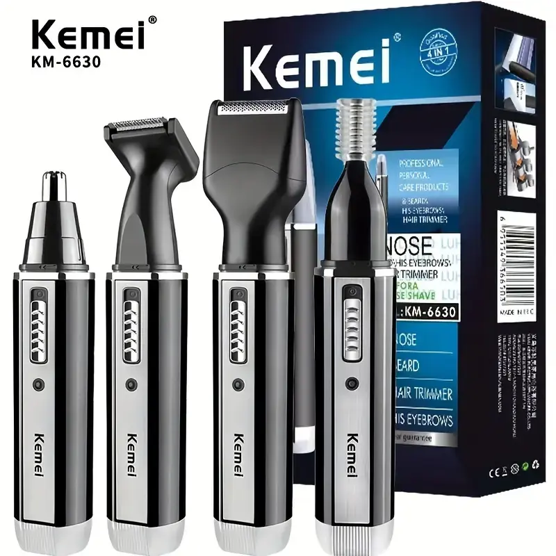 Kemei 6630 Men's 4-in-1 Professional Multifunctional Hair Trimmer Grooming Kit - Cordless USB Rechargeable, Facial Nose-Ear Trimmer, Beard-Eyebrow Razor, Wireless Haircut Tool, Ideal Christmas Holiday Gift