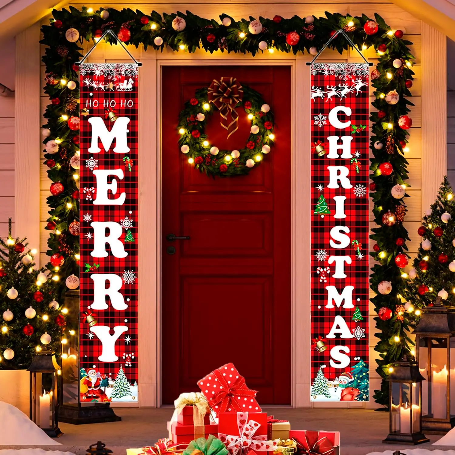 Christmas Decorations Red Black Buffalo Plaid Sign Set for Festival Merry Christmas Door Banner | Outdoor Yard & Front Porch | Indoor & Outdoor Xmas Decor for Home, Wall, Front Door, Yard, and Garage, Festive Look