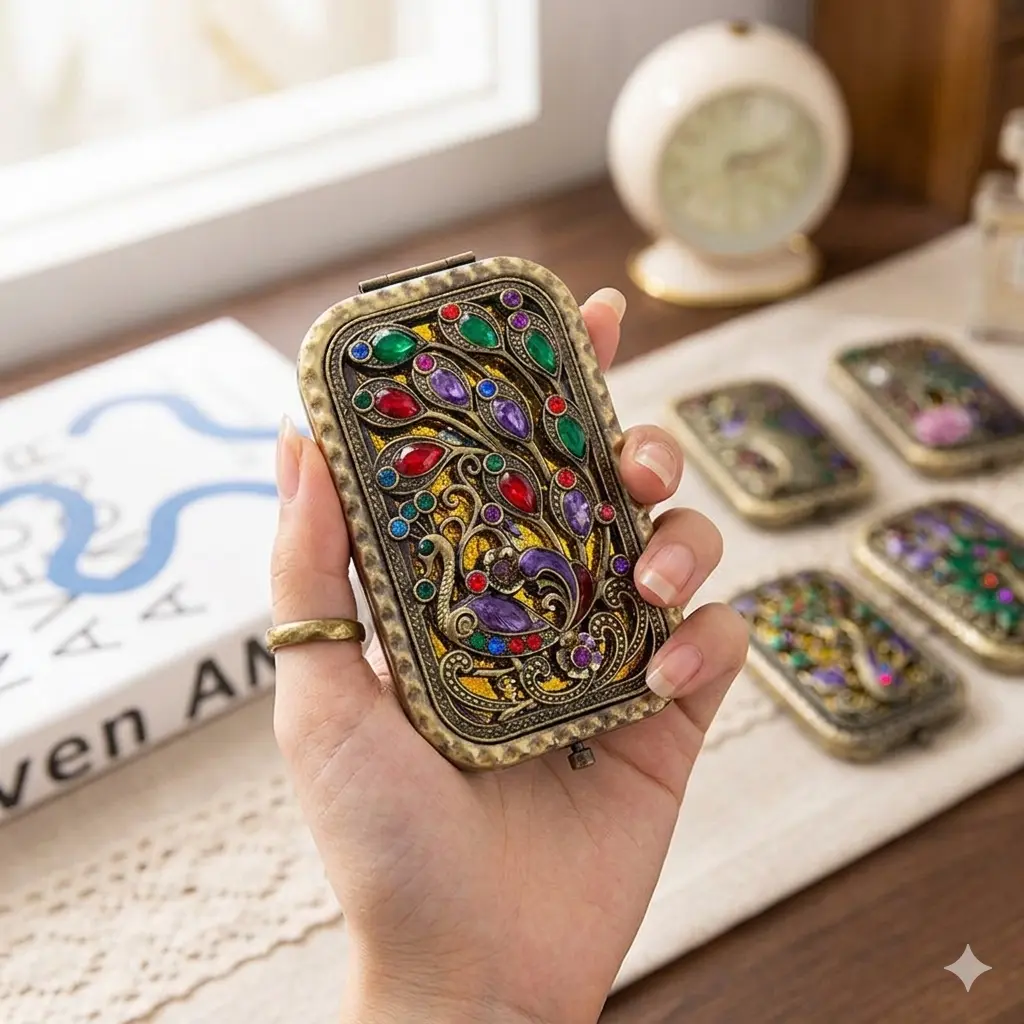 HOLDNEAR Vintage Peacock Makeup Mirror Royalcore Ornate Embossed Metal Foldable Flip-Up Pocket Mirror - Peacock Spreading Its Tail Design, 1X/2X Magnified Lens, Portable Travel Hand Mirror, Retro Victorian Gift for Women Flip Up Mirror