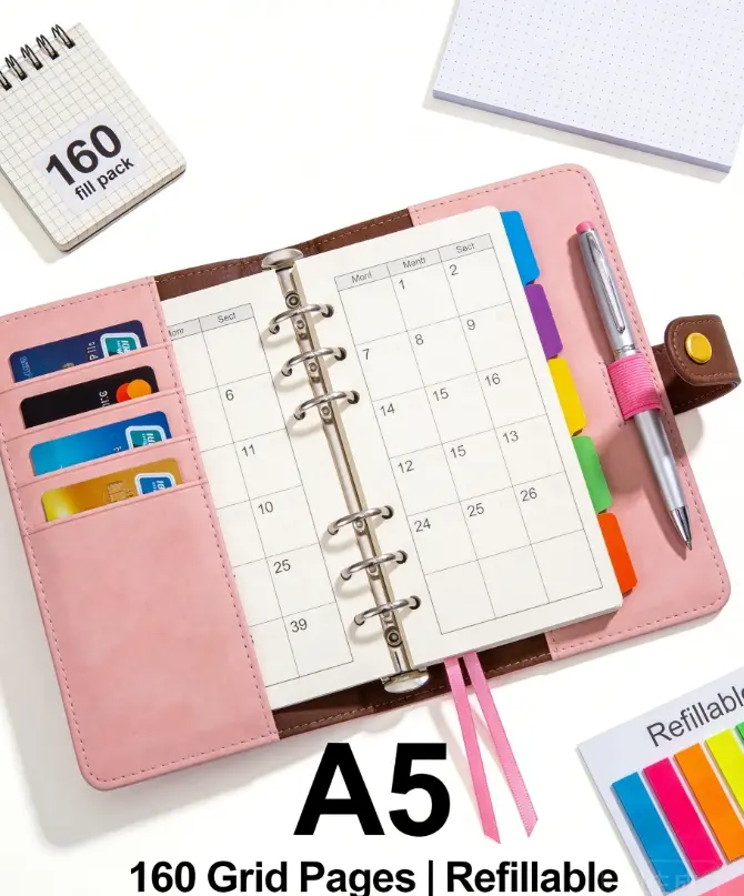 A5 6-Ring PU Leather Refillable Planner Binder - Productivity Schedule Life Planner Journal with 160 Grid Pages, Clean Girl Aesthetic Office Stationery Journaling Supplies for Work, School