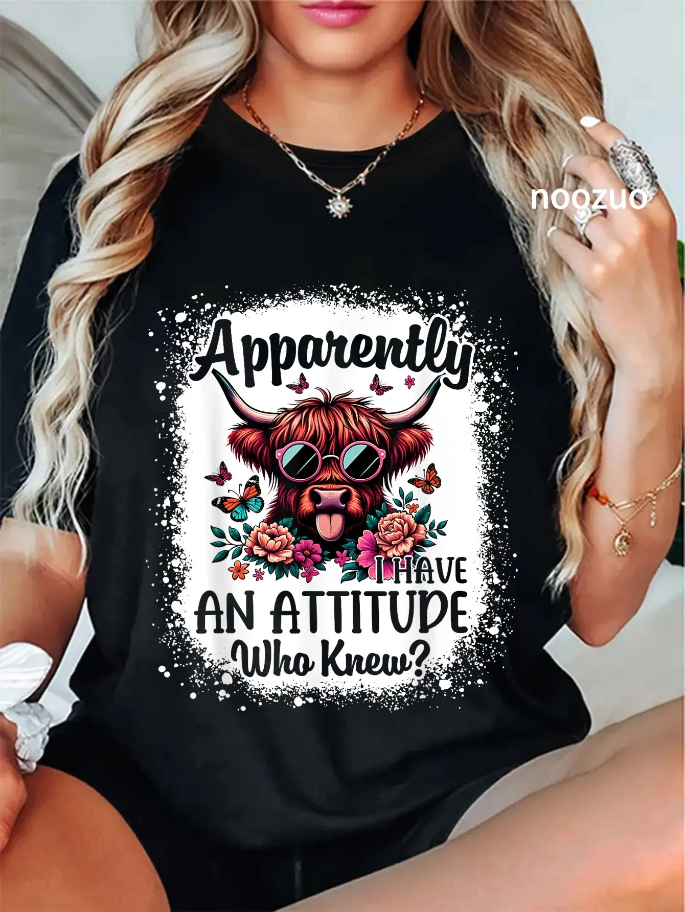 100% Cotton Unisex Apparently I Have An Attitude Who Knew Bleached Highland Cow T-Shirt Casual Top