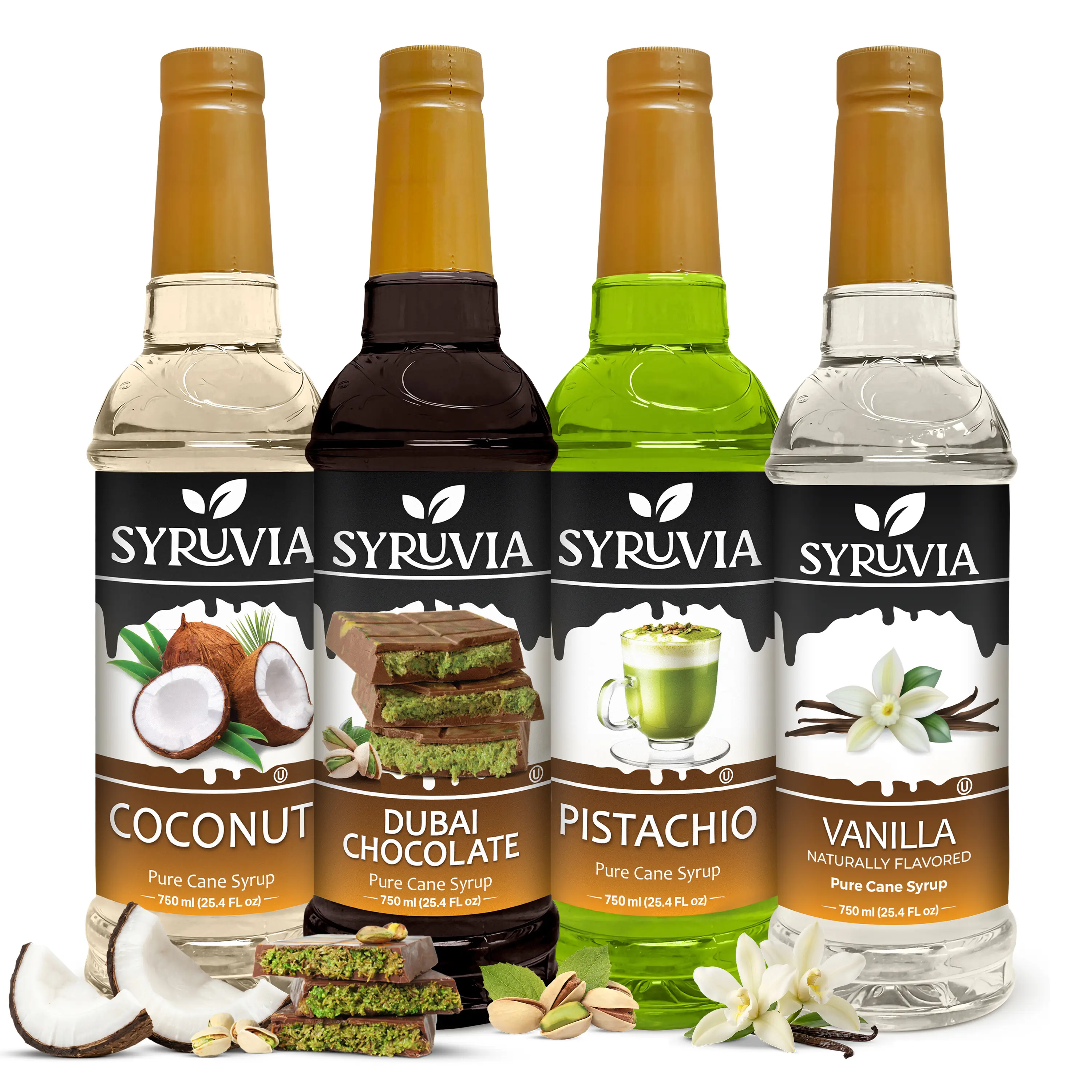 Syruvia Luxury Coffee Syrup Variety Pack – Coconut, Dubai Chocolate, Pistachio & Vanilla Flavored Syrup – Perfect for Coffee, Lattes, Iced Coffee & Desserts – 25.4 Fl oz Bottles (4 Pack)