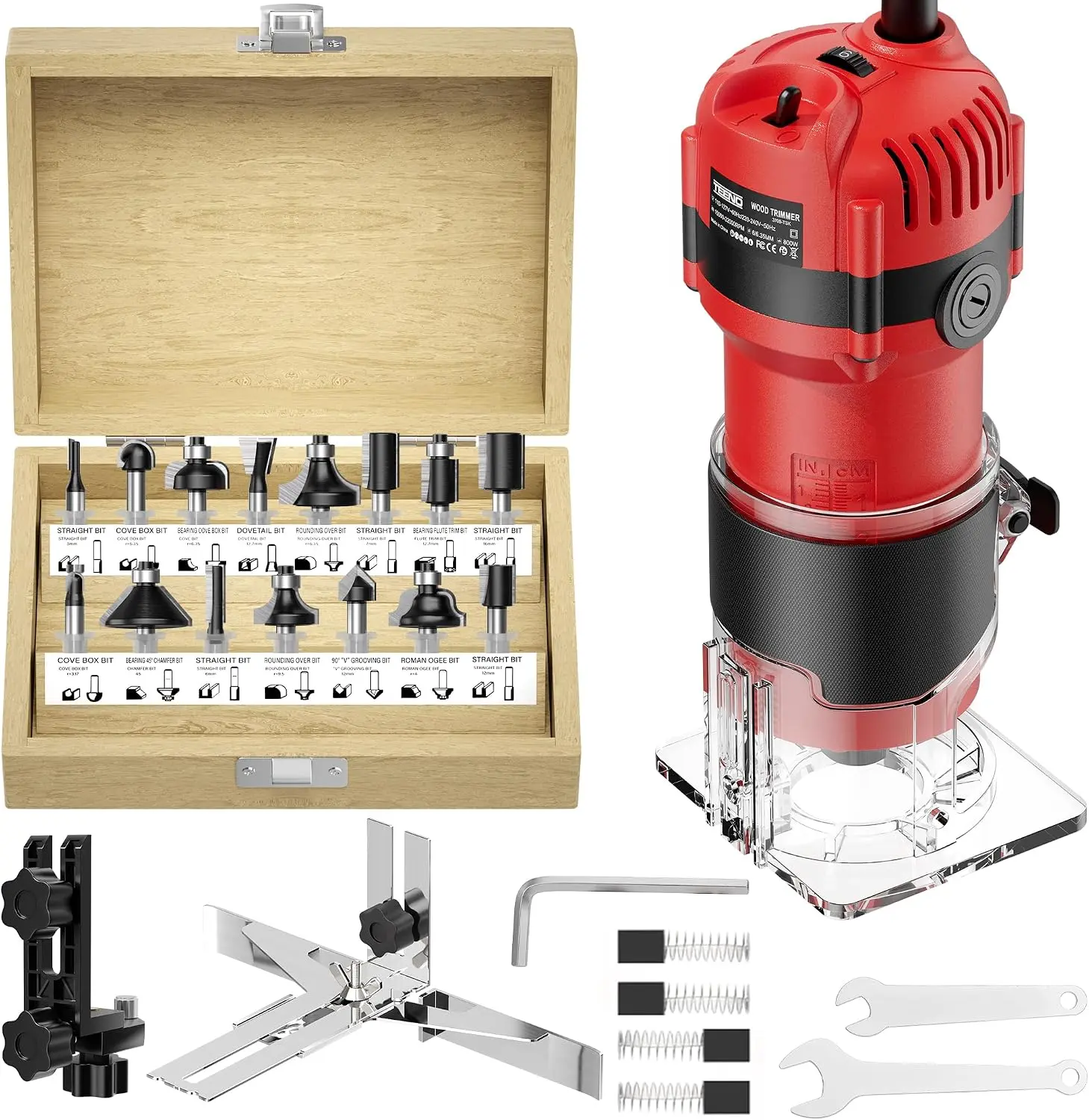 TEENO Compact Wood Router, 6.5 A 1.25 HP Palm Hand Trimmer for Woodworking, 6 Variable Speeds, 1/4" Collet, 15-Pc Tungsten Carbide Bits, Edge & Roller Guides, Wooden Case