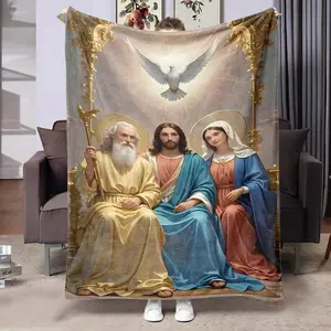 1pc Christian Jesus Mary Print Fleece Blanket, Soft Warm Nap Blanket for Couch Office Bed Camping Travel, Versatile All Seasons Gift Blanket, Cozy Throw Blanket