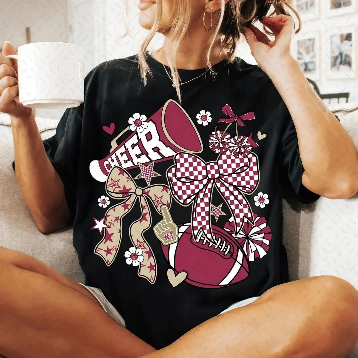 Game Day Cheerleader Coquette T-Shirt – Cute Football Graphic Tee, Perfect for Sports Fans & Cheer Squad, Cheer Mom Sweatshirt, Cute Bow Cheerleading Top, Team Spirit Shirt