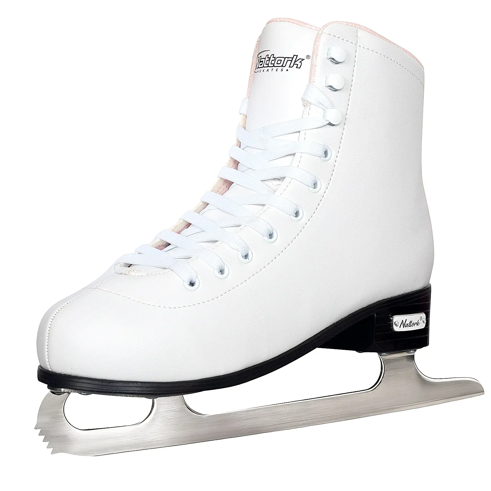 Nattork Women's White PU Leather Ice Figure Skates for Adult Beginners - 1 Pair, Laces, Reinforced Ankles, Secure Fit, Warm Breathable COOLMAX Lining, Stainless Steel Blades, Flower Rivets, Easy to Sharpen, Eco-Friendly PVC, Adult Sizes S, Ice Skating Use