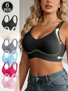 Women's Breathable Shockproof Backless Bra Set, Adjustable Bras, Comfortable Underwear for Daily Wear & Sports, Pack of 6, Unlined Breathable Bra
