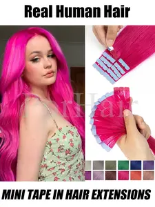 12inches 16inches 20inches Colored Pink Mini Tape in Human Hair Extensions For Women Invisible Seamless Tape in Hair Extensions 10pcs/Pack Pink Red Green Purple Blue Mini Tape Ins Hair Daily Use Party
