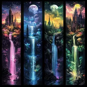5D DIY Diamond Painting Kit, Castle Waterfall Moon Design, Full Round Drill Art Set, Home Decor Gift, Creative Needlepoint Craft, Diamond Art Tools