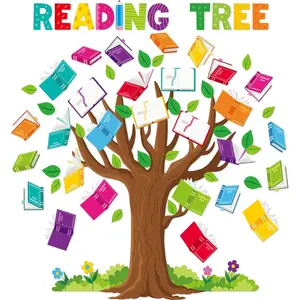 77 Pcs Reading Bulletin Board Set Reading Tree Classroom Decoration Colorful Books Flowers Leaves for Welcome Back to School Classroom Door Wall Library Decor