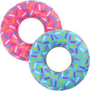 22" Donut Tube Inflates, Set of 2, Colorful Inflatable Donut Tubes in Assorted Designs, Donut Birthday Party Decorations Supplies, Durable Water Pool Toys for Kids, Fun Donut Party Favors