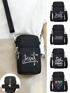 Jesus Cross Print Crossbody Bag, Mini Outdoor Sports Handbag Wallet With Earphone Hole, Mobile Phone Bag, Arm Bag, Coin Wallet Holder, Shoulder Bag, Lightweight Shoulder Bag, Adjustable Strap, Casual Crossbody Bags