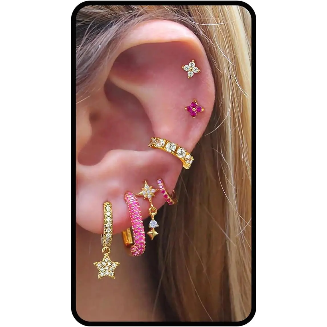 Earring Stacks Set For Women, 6Pcs Single Earrings for One Ear 14K Gold Plated CZ Colorful Gemstone Multiple Piercing Huggie Hoop Ear Cuff Nickel Free Hypoallergenic Jewelry Gift Set