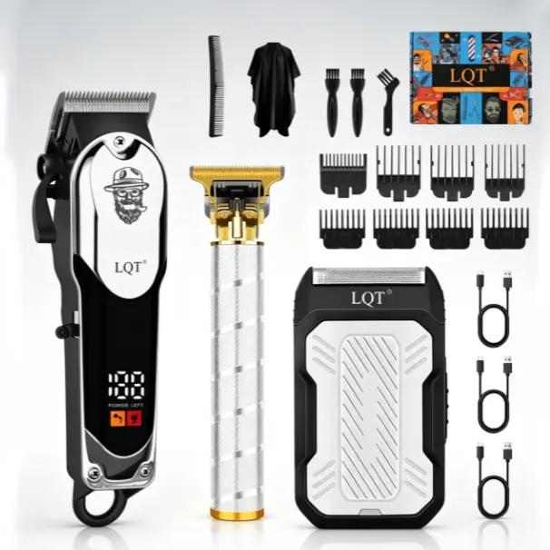 Black Silver Minimal Retro LQT Cordless Hair Clipper 3-Piece Set - Digital LED Power Display, Adjustable Taper Clipper, Silver Gold Trimmer, Independent Charging Base, Full DIY Haircut Accessory Pack with Barbers Cape for Household Beard & Hair Grooming