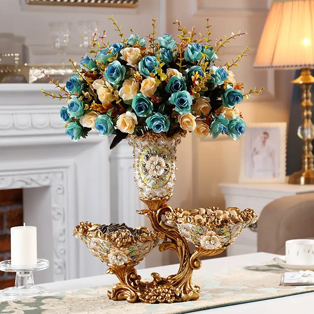Homary Shinely 2-Tiered Gold & White Irregular Synthetic Resin Fruit Basket - Glam Home Organizer, Decor Piece with Bowl, Vase, Snack Tray, Home Decor Accessory